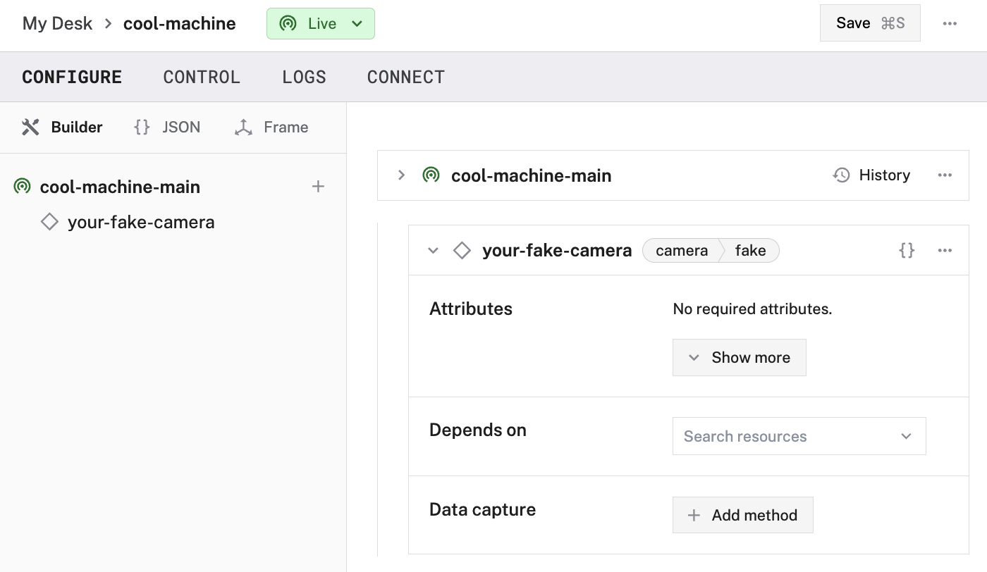 Configuration of a fake camera in the Viam app config builder.